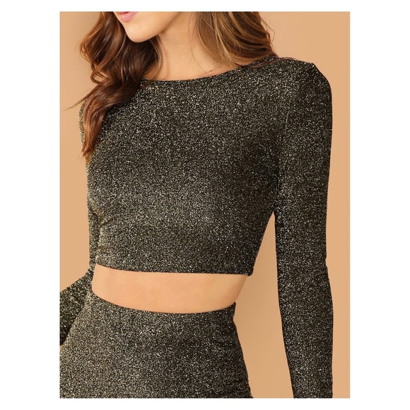 Black Gold Glitter Two Piece Dress Crop Top Skirt - Picture 4 of 6